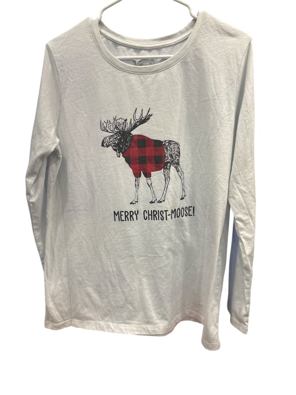 Natural Reflections "Merry Christ-Moose!" Buffalo Plaid Moose Long Sleeve Tee (L